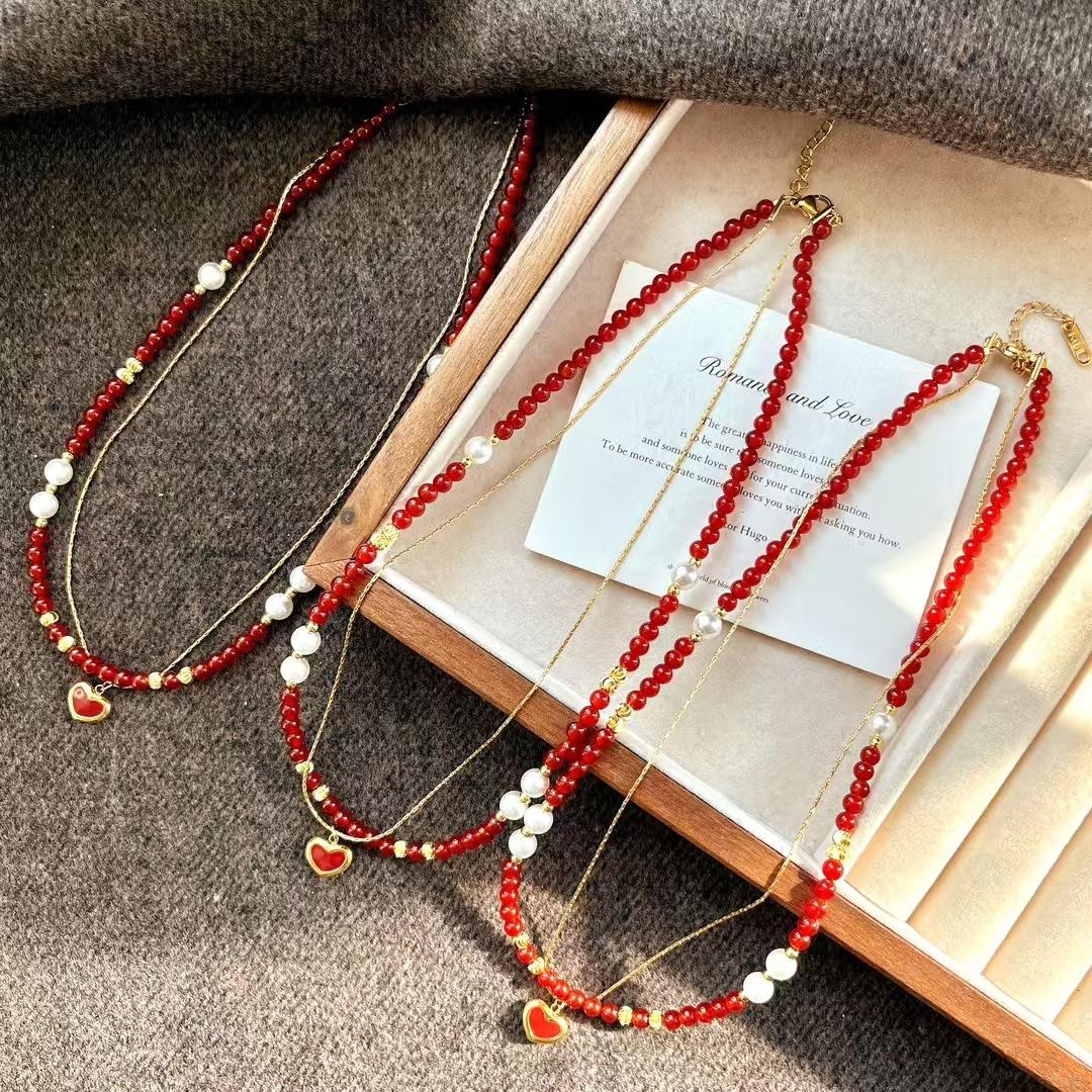 

High Quality Natural Pigeon Blood Red New Year S Red Chalcedony Agate Double Layer Necklace Collarbone Chain Sweater Chain