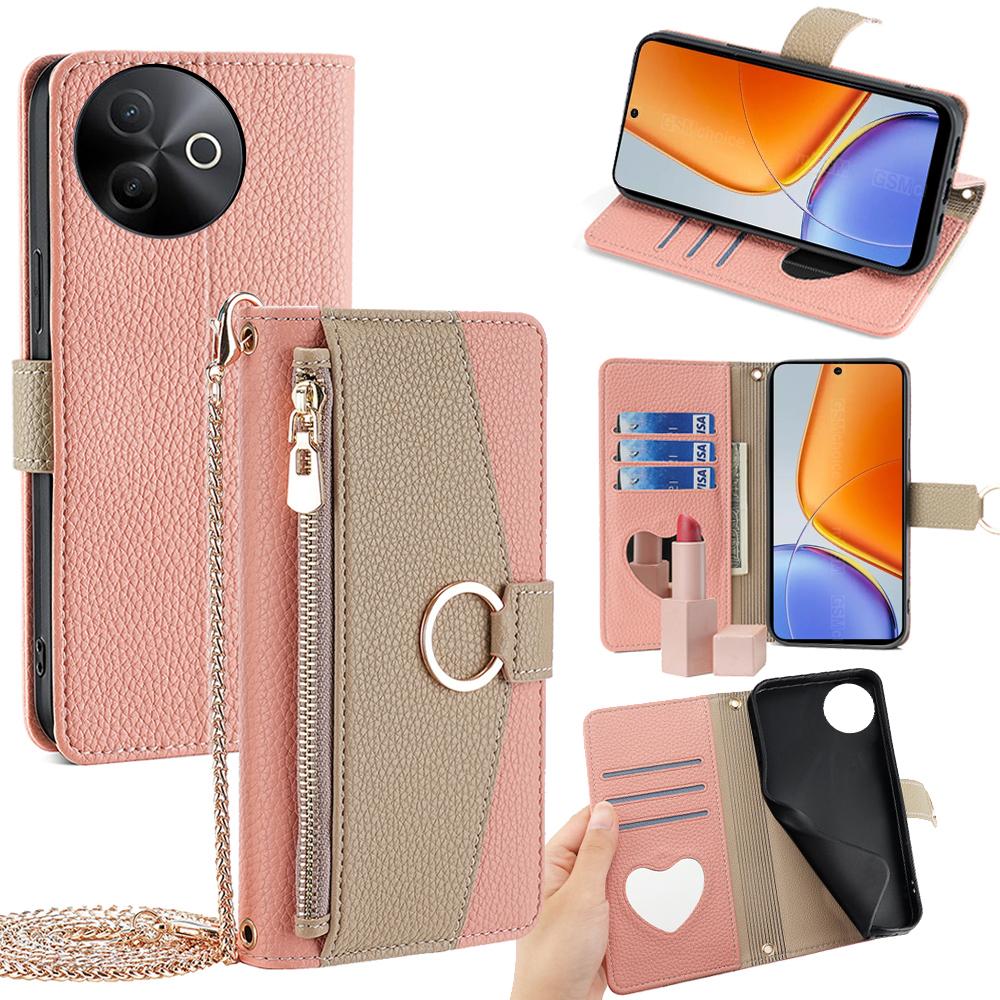 

For vivo Y39 5G Case Mirror Wallet Leather Phone Cover with Chain Shoulder Strap D