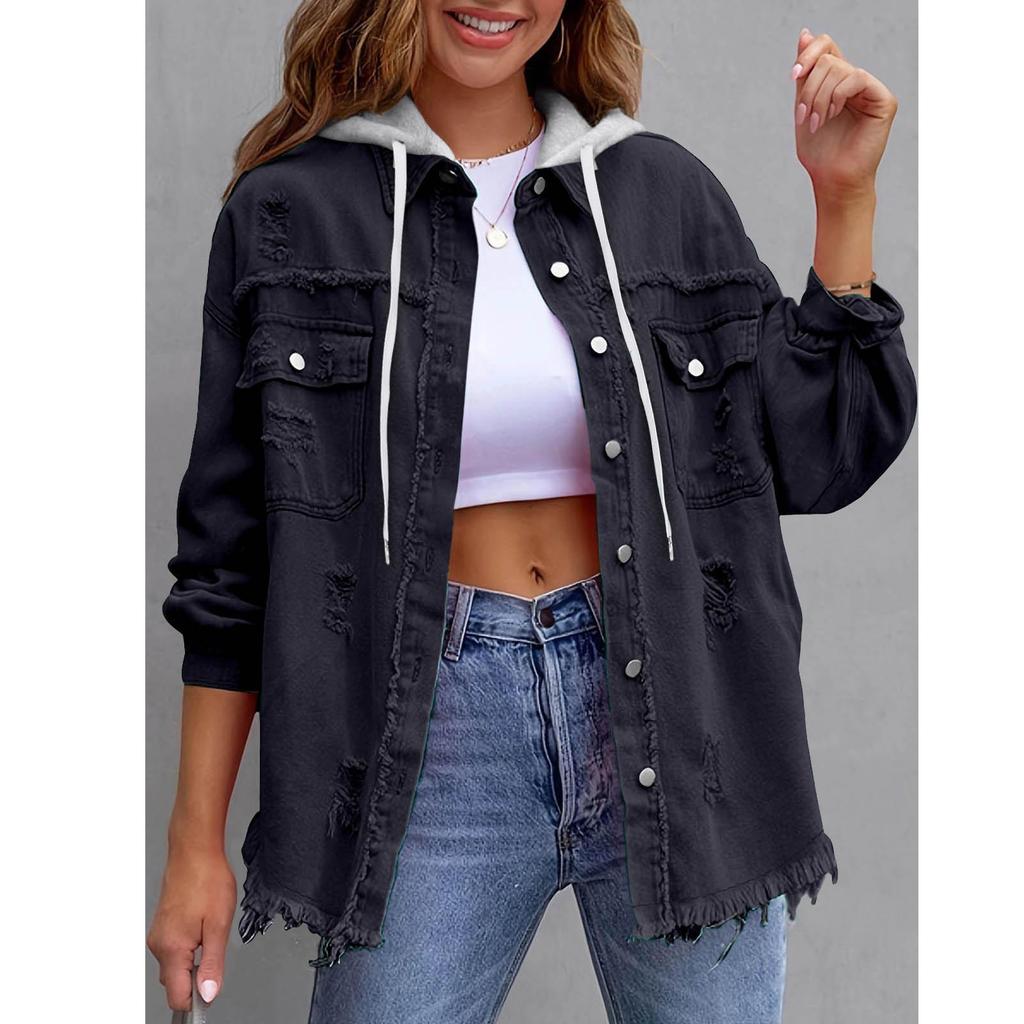 New Denim Hooded Jacket, Women's Solid Color Loose Jacket, Ripped Long-sleeved Women's Denim Shirt