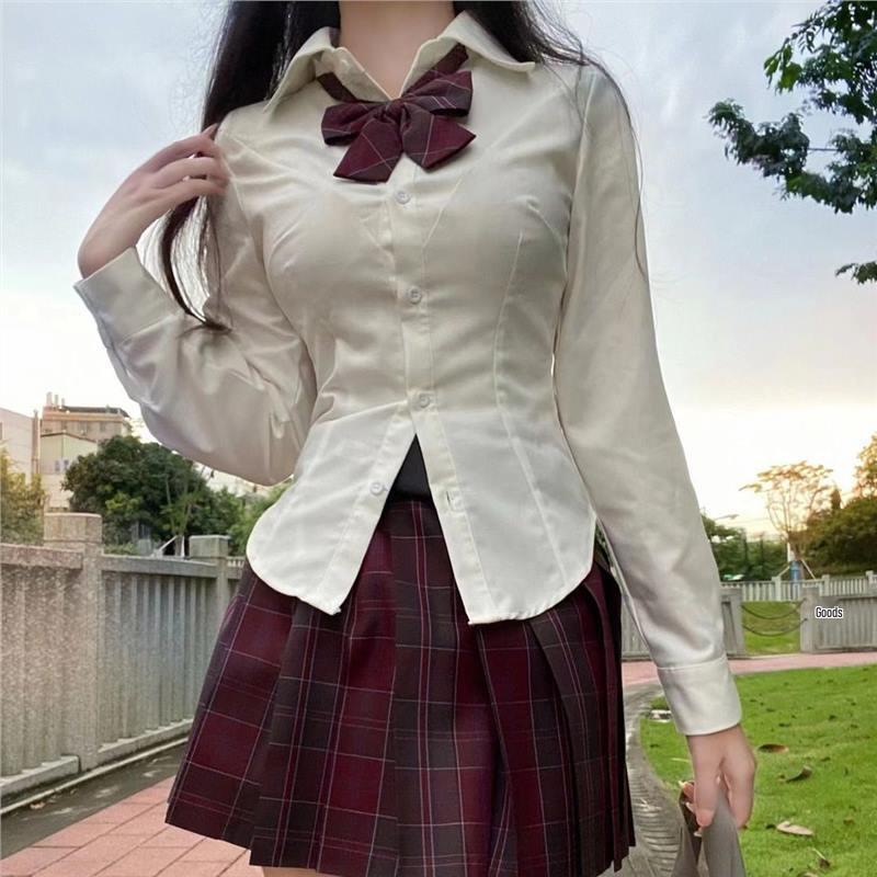 Slimming White Hot Girl Shirt & Plaid School Skirt Set: Genuine Student Style with Pure, Desired Aesthetics