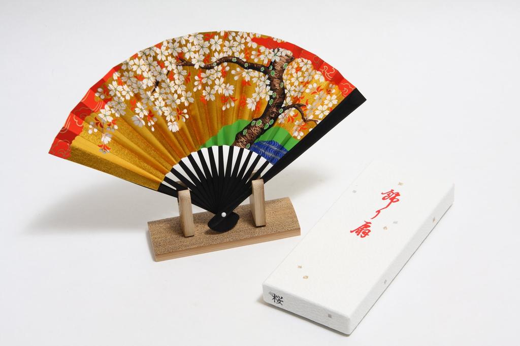 Hasegawa Kyoto Decorative Fan with Black-Dyed Ribs and Stand, Boxed (Cherry Blossom Design, 5-inch)