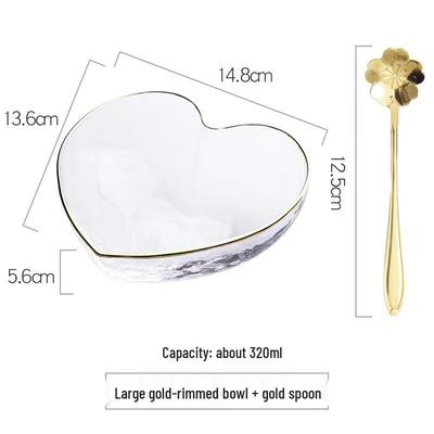 Wutuo Gold Rim Heart Glass Cup & Bowl Set with Cherry Blossom Spoon