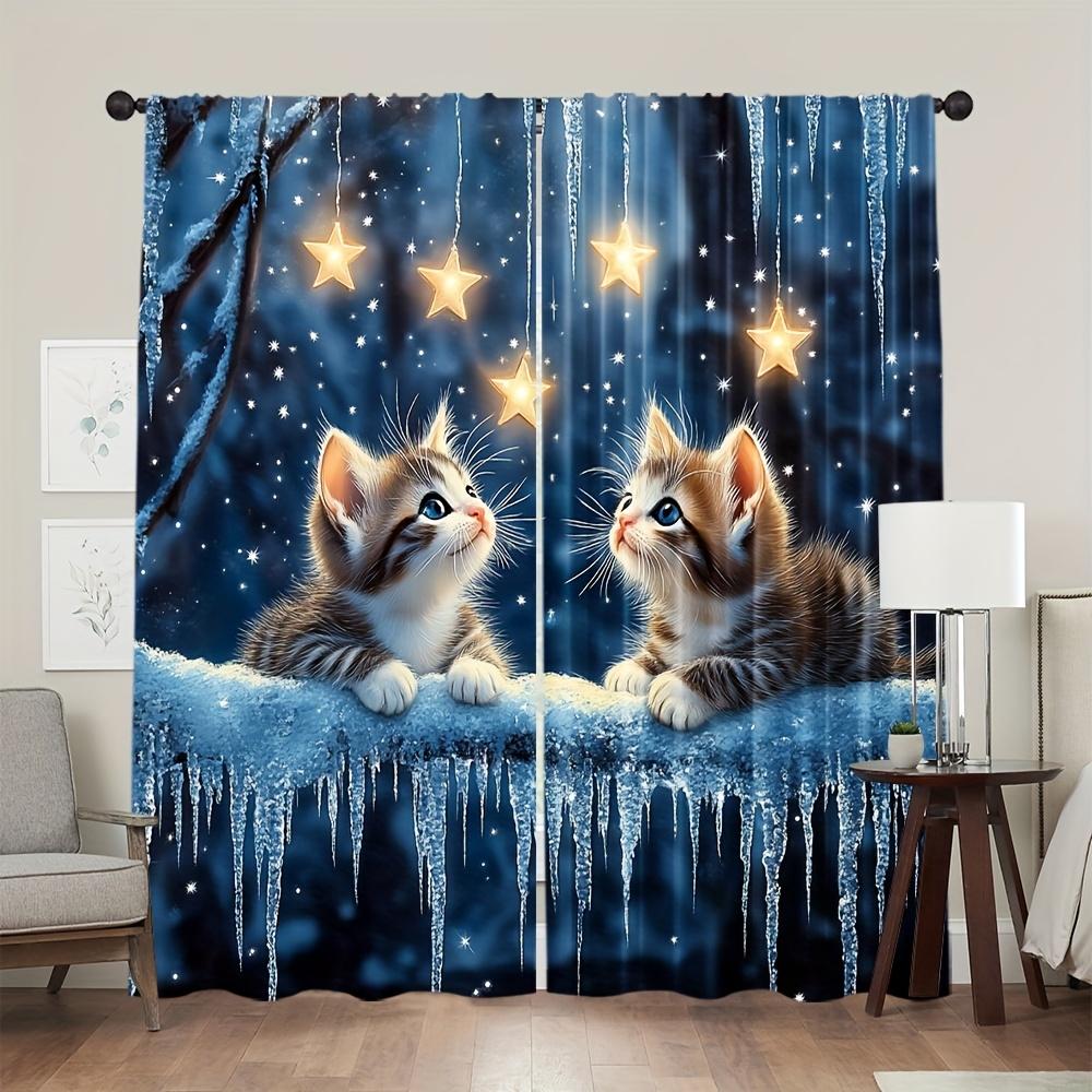 2 Pcs Starry Cats Curtains – 100% Polyester Light Filtering Modern Art Design for Bedroom Living Room Office Decor