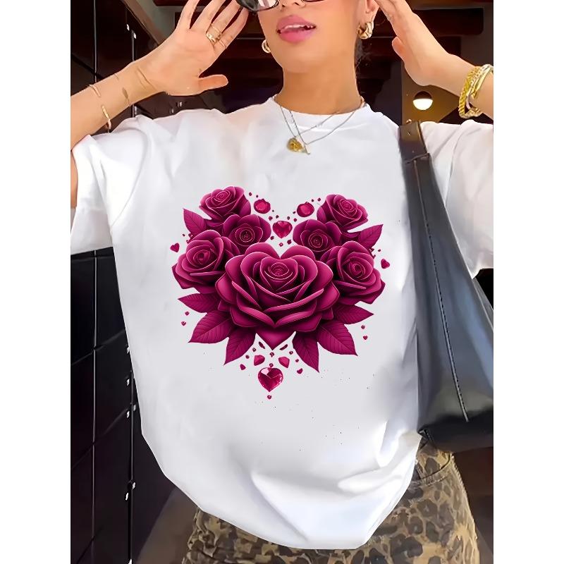 Europäische Größe Herzförmiges Rosen-Serien-Musterdruck-T-Shirt, Kurzärmeliges Rundhals-Freizeit-Oberteil, Sommer Frühling, Damenbekleidung
