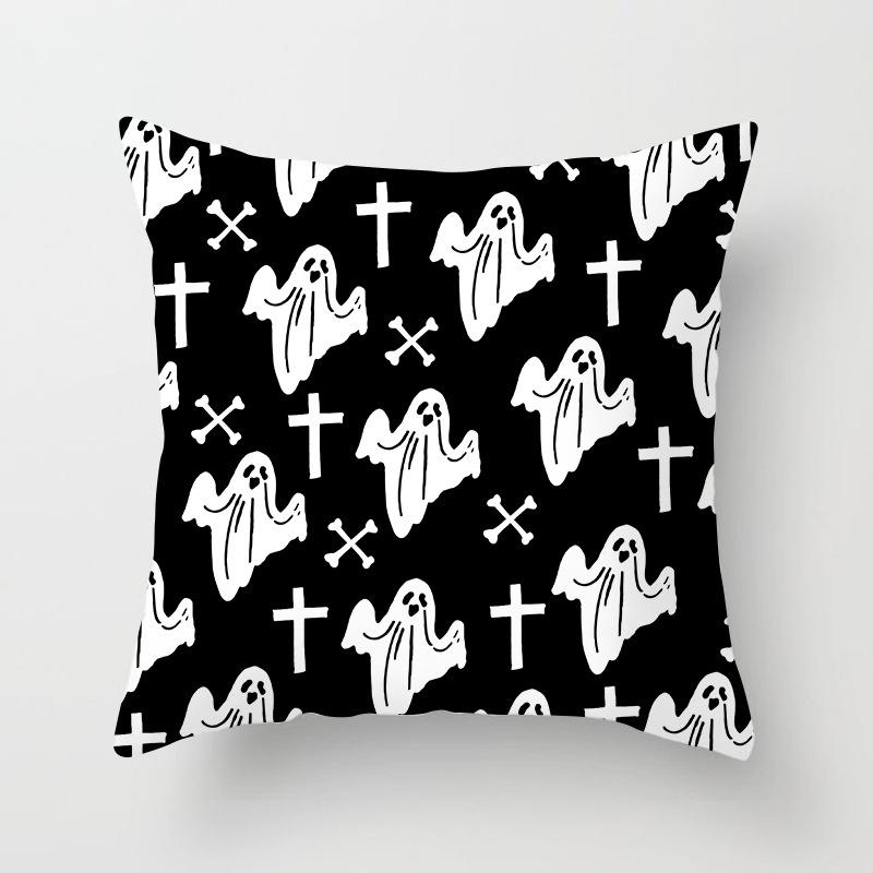 New Halloween Black and White Skull Pumpkin Printed Peach Leather Velvet Pillowcase Sofa Office Cushion Cover