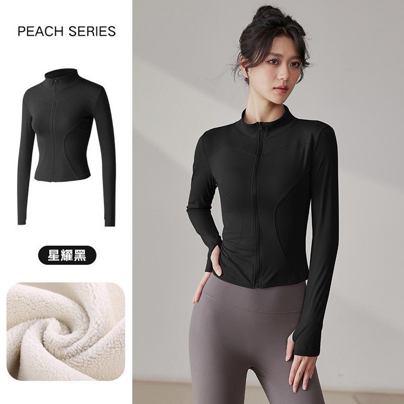 Fleece thickened yoga clothes jacket women s spring stand-up collar slim zipper running fitness yoga top long sleeves S