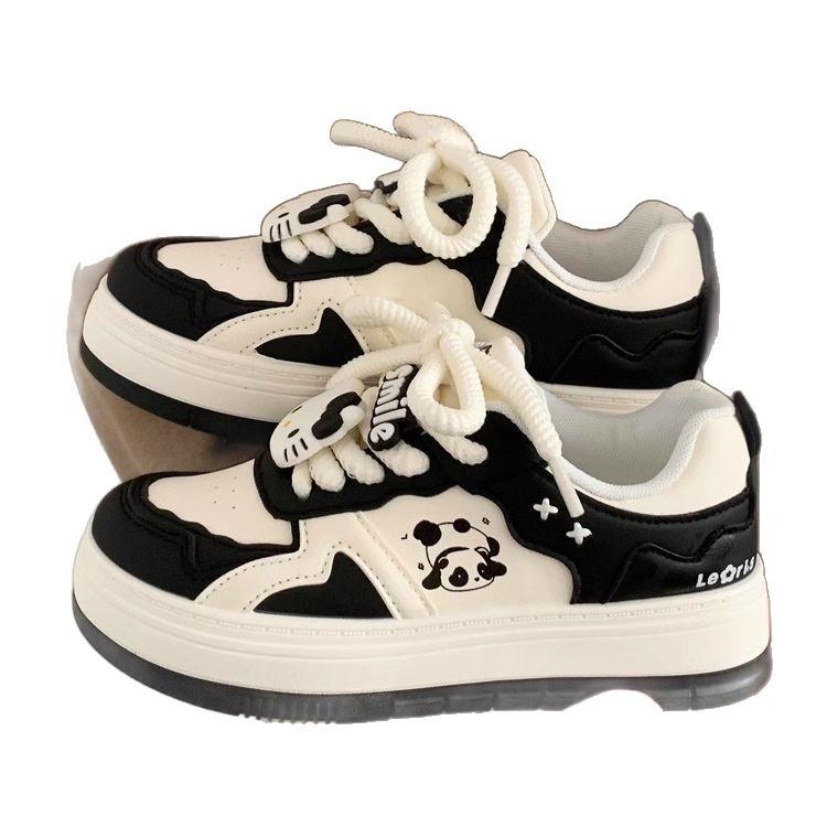 2025 Spring Niche Panda Black and White Ugly Cute Little White Shoes Children Platform Versatile Leisure Students Running Board Shoes Tide