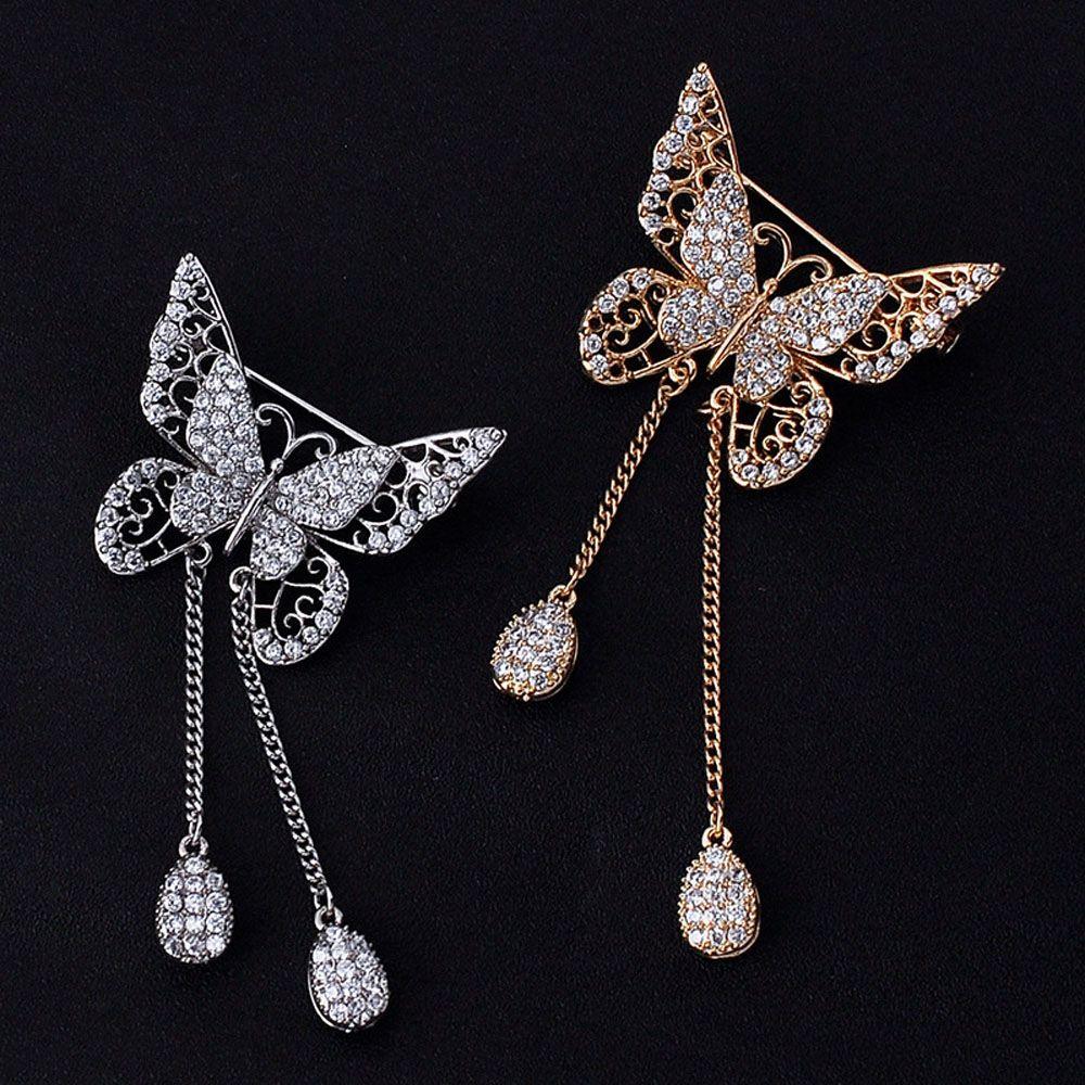 Tassel Drop For Women Girl Cubic Zircon Butterfly Corsage Accessories Brooches Pin Jewelry