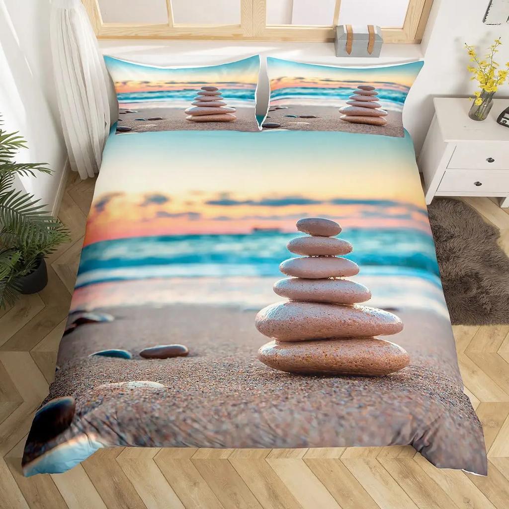 Zen Duvet Cover Set Sandy Beach Meditation Bedding Set Zen Stones Comforter Cover Tranquil Nature Artwork Quilt Cover Full Size