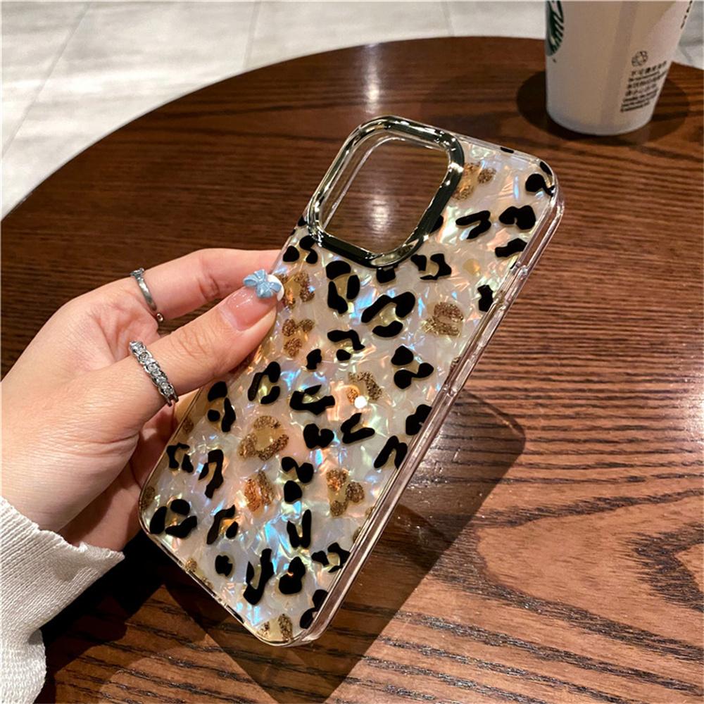 Luxury Leopard Aurora Shell Pattern Case For iPhone 16 15 14 13 12 11 Pro Max Plus Plating Camera Protection Shiny Cool Cover