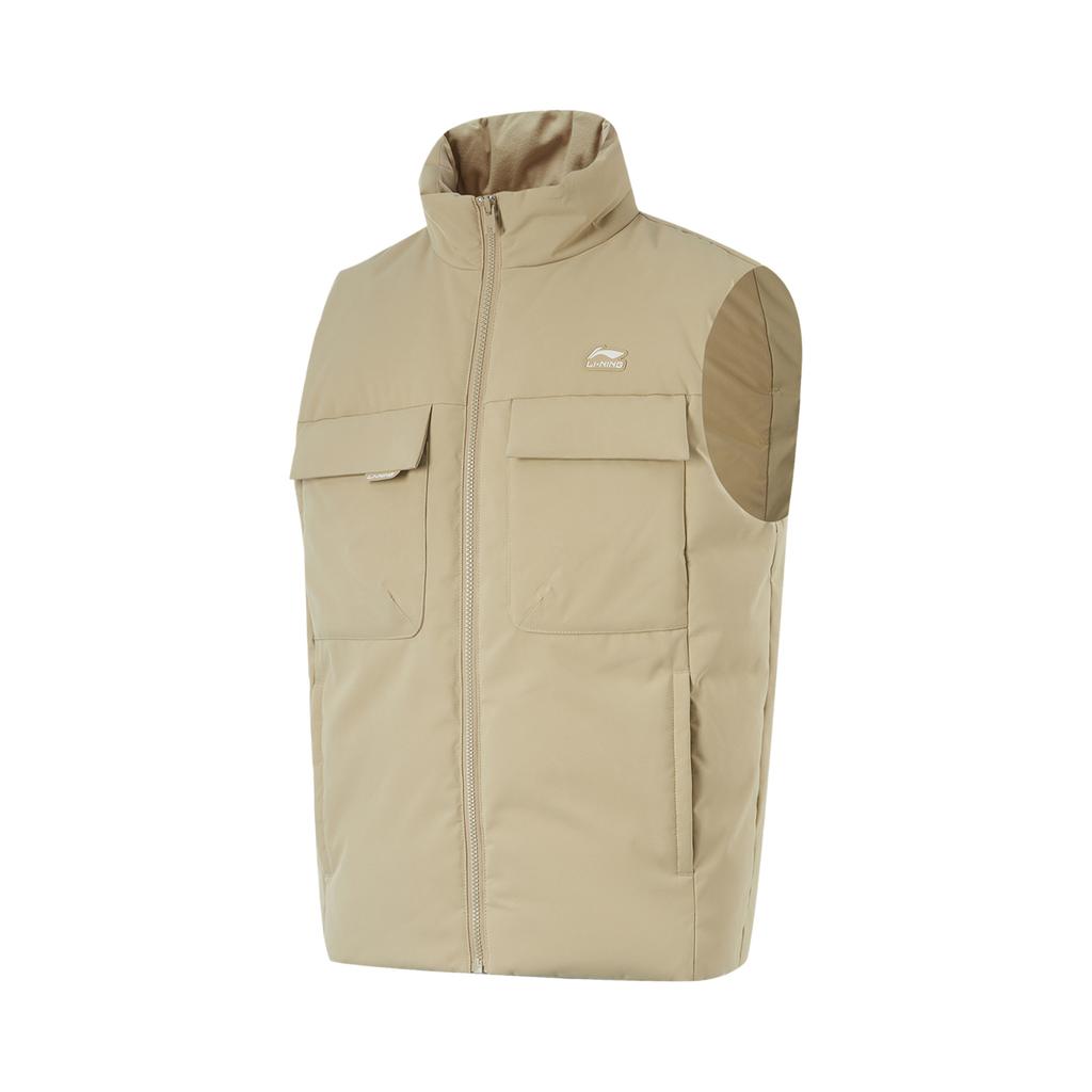 Li Ning Sports Trend Series Solid Color Stand Collar Cardigan Vest Men Vests Milk-Khaki AMRU033-4