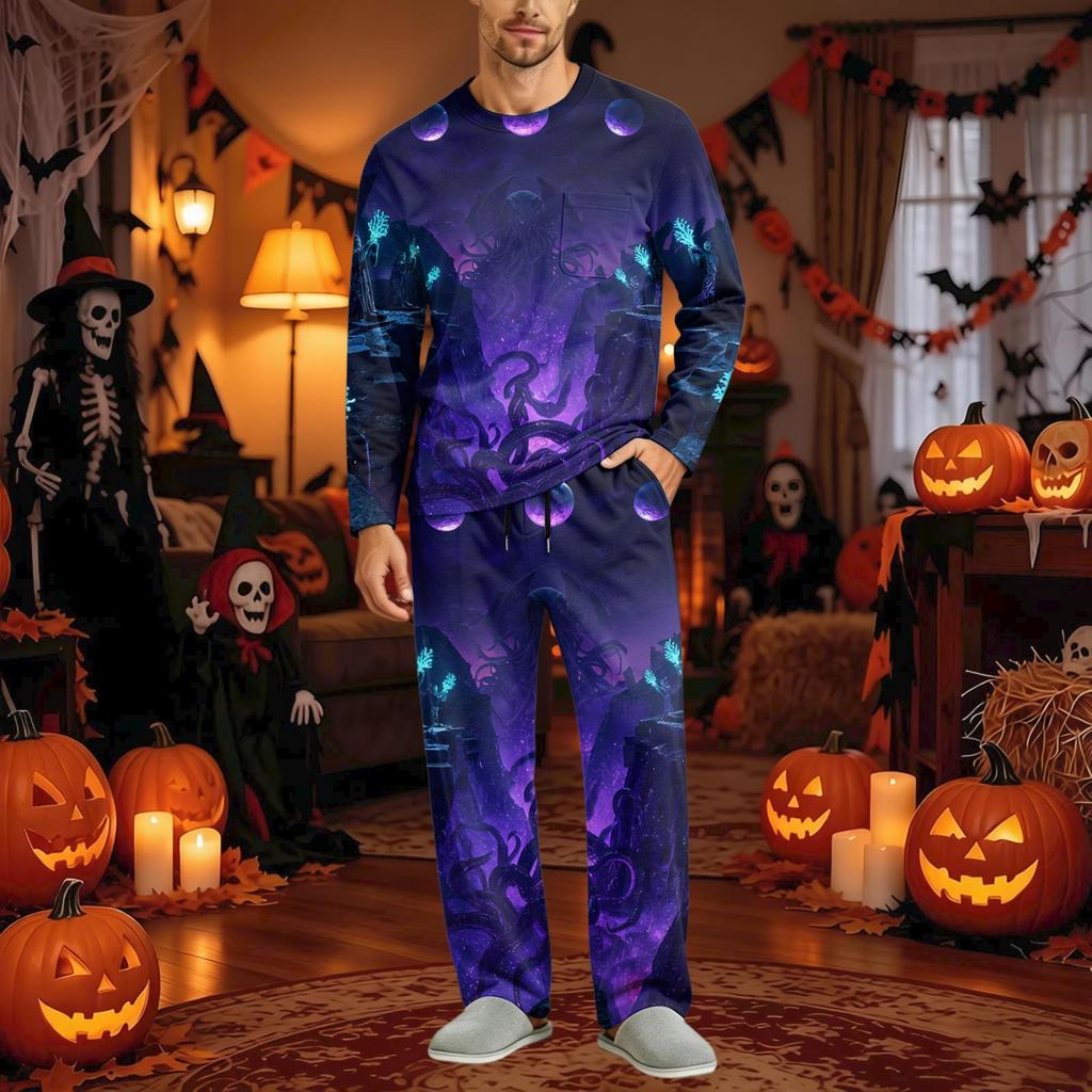 Men's Halloween Pajama Set Long Sleeve with Button Fly and Elastic Waist Drawstring for Sleepwear