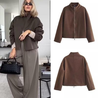 Autumn and Winter Women Casual Solid Jackets Fashion Vintage Zipper O Neck Brown Coats Elegant Chic Ladies Jackets