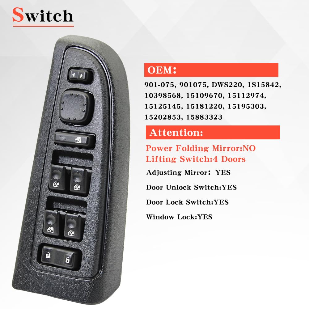 15883323 Driver Side Door Lock and Master Power Window Switch&Bezel Assembly Compatible with 2003 2004 2005 2006 2007 2008 Chevy Avalanche Silverado