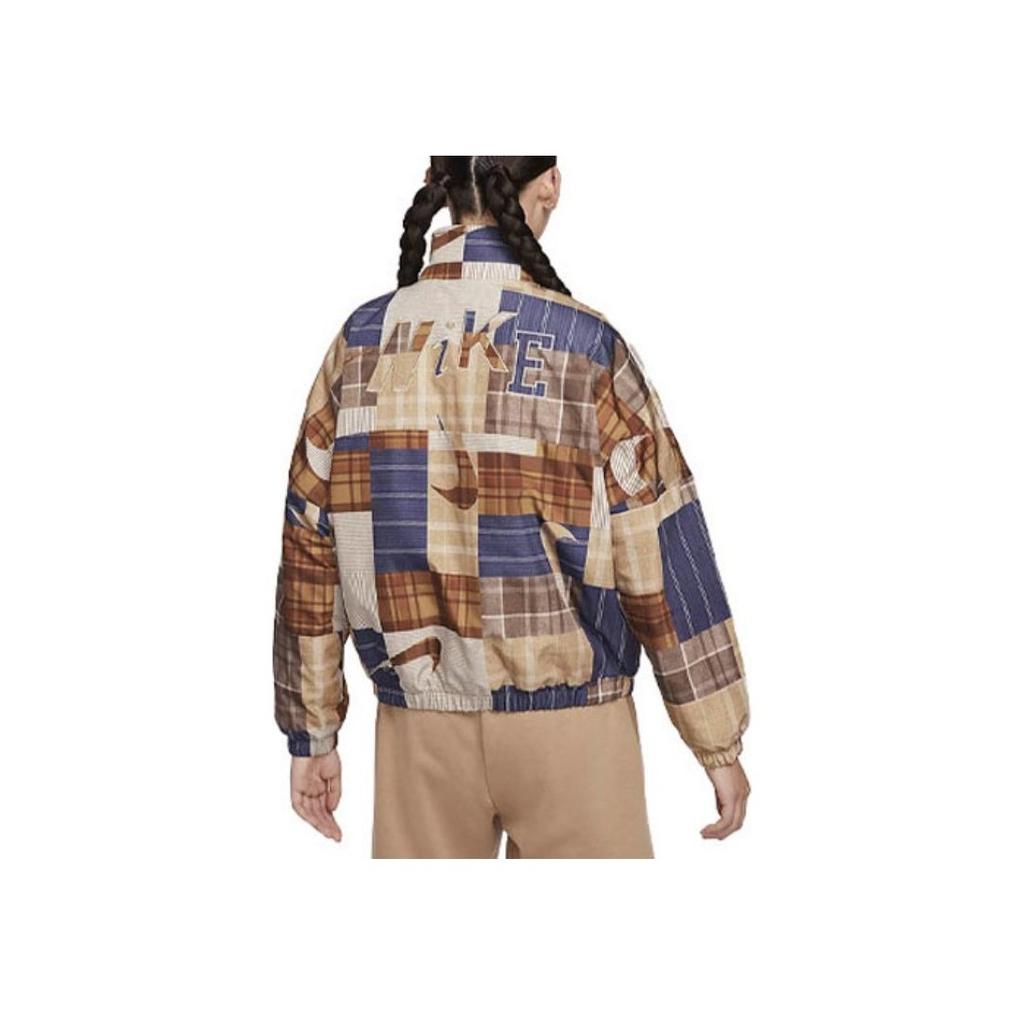 Nike Sportswear Plaid Patchwork Loose Stand Collar Long Sleeve Cotton Jacket Women Jackets Dark-Fossil-Brown FV3975-282
