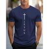 Camiseta Esportiva Masculina de Verão 100% Algodão Moda Casual Solta Estampa Grande de Cruz e Letras de Jesus Gola Redonda Manga Curta