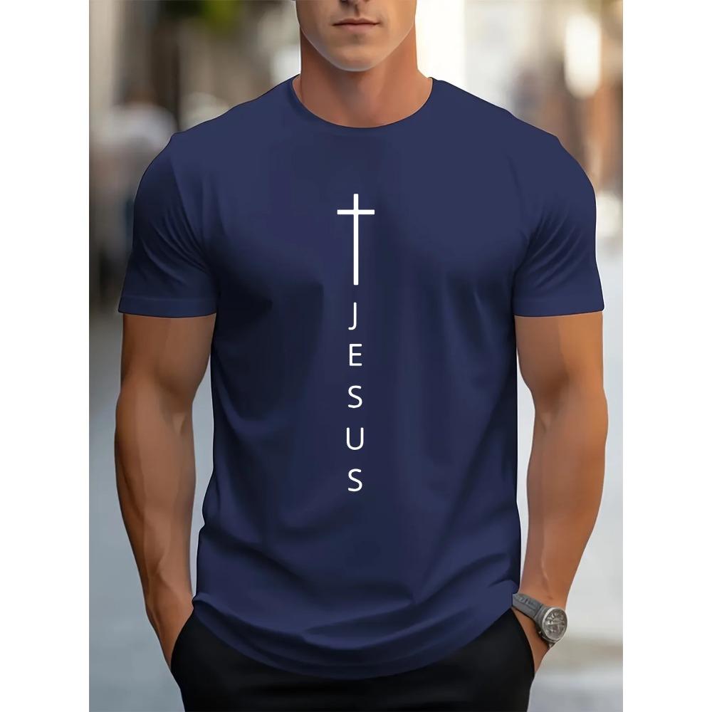 Camiseta Esportiva Masculina de Verão 100% Algodão Moda Casual Solta Estampa Grande de Cruz e Letras de Jesus Gola Redonda Manga Curta