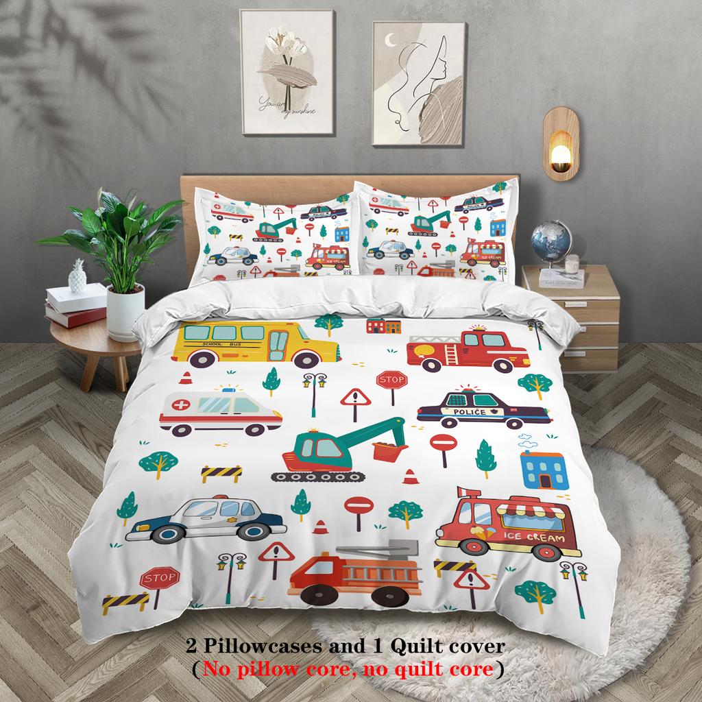 3-Piece Cartoon Cute Car Pattern Print (1 Duvet Cover+2 Pillowcases, No Core) Soft And Comfortable Bedding Set