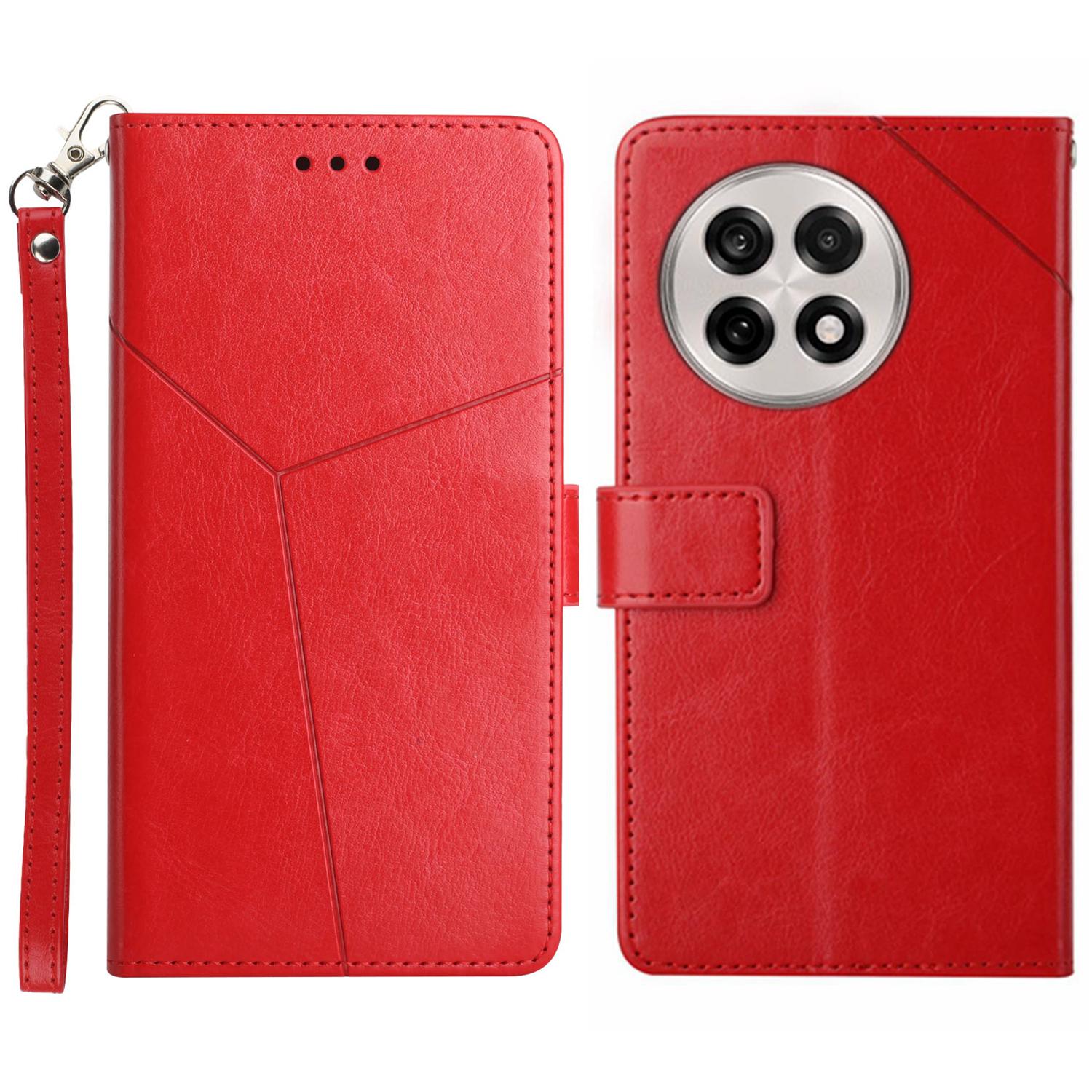 

For OnePlus 13 Case with Wrist Strap Y Shaped Lines Imprint Leather Phone Cover Red