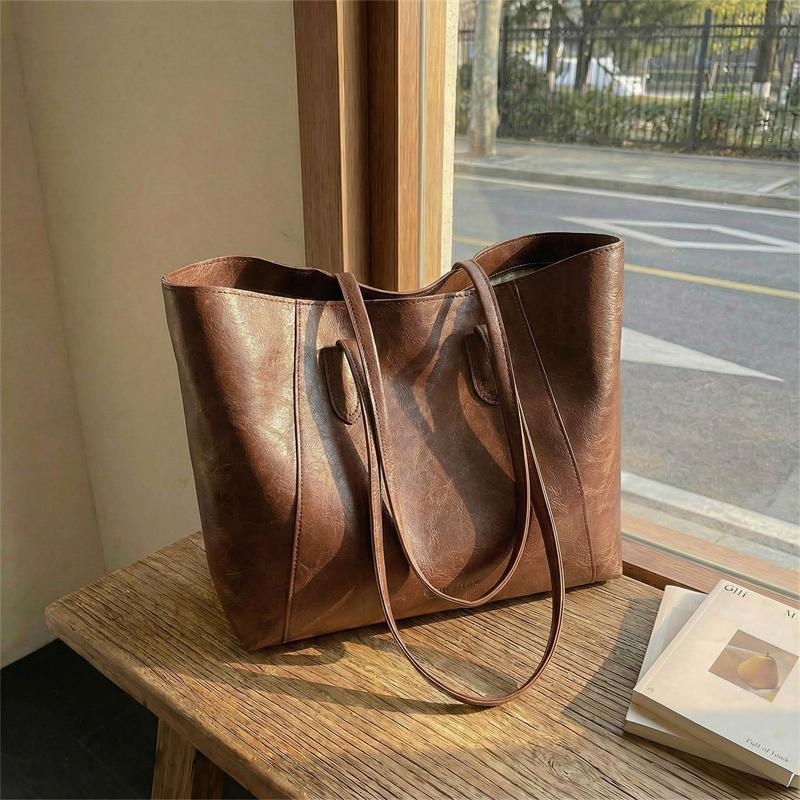 Vintage PU Tote Bag with Top Handle Large Capacity Everyday Fashion Shoulder Bag