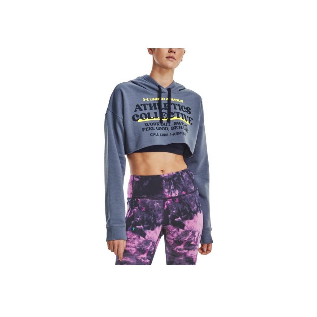 Under Armour Letter Print Hooded Drawstring Cropped Long Sleeve Sweatshirt Women Sweatshirt Blue 1374527-767