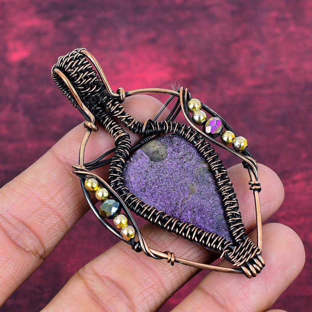 Purpurite Gemstone Pendant Copper Wire Wrapped Pendant Handmade Antique Jewelry