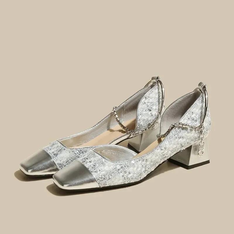 

Silver Fashion Chain Ankle Buckle Women s High Heels Elegant Square Toe Pumps Ladies Sequin Chunky Heel Dress Party Shoes Women 35 серебряный