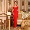 Elegant Black & Red Halter Bandage Evening Gown with Sexy Hollow Design