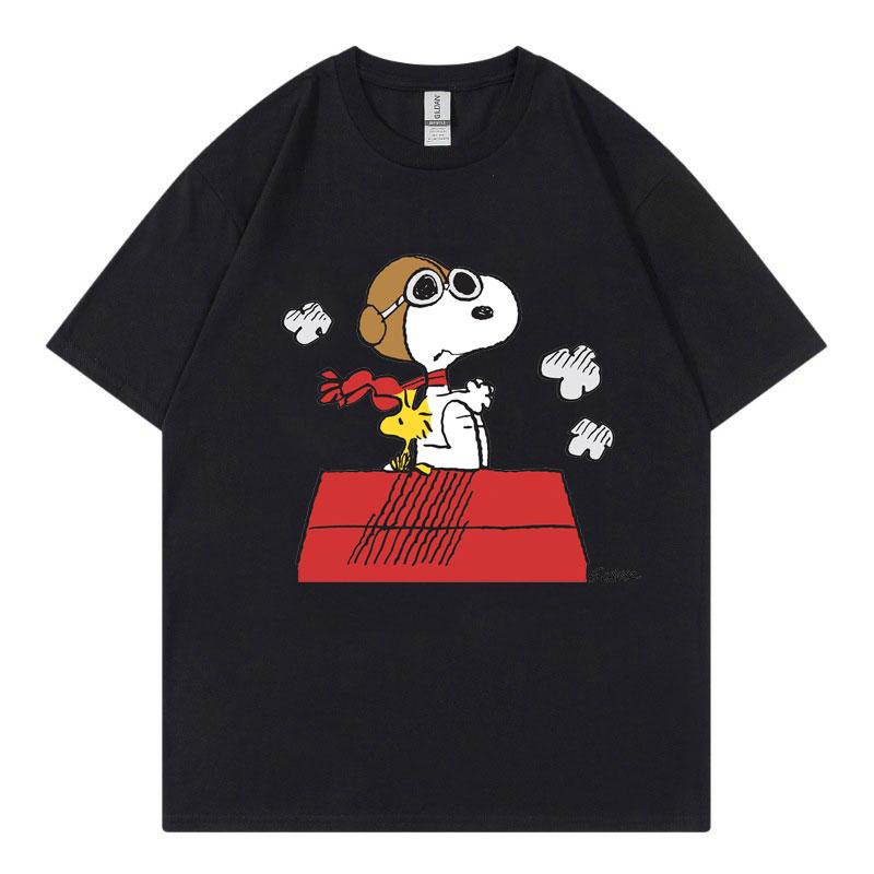 Snoopy Black Women T-shirt Summer Short Sleeve Cotton Men Women Tee Shirt Tops Cartoon Anime Couple Clothing Tops