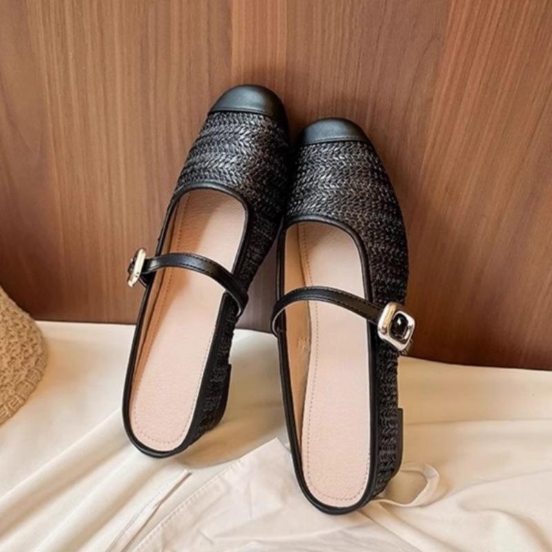 

2025 summer wear height-increasing slippers female lazy straw woven square head cool slippers commuting word with bag head half drag women 35