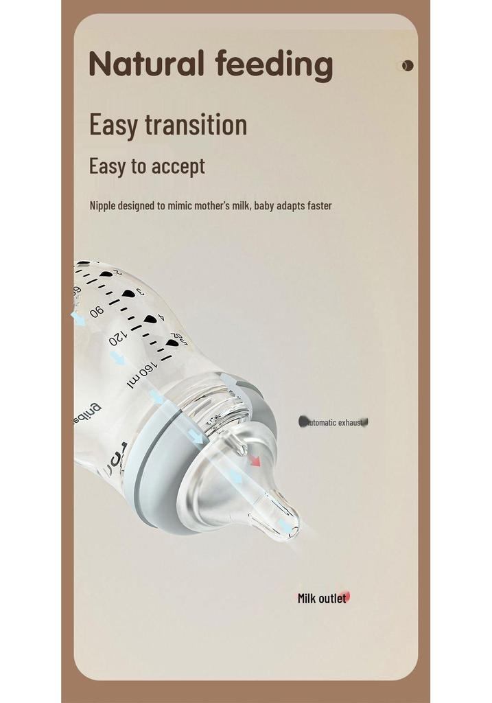 Nuoxin Baby Anti-Choke Borosilicate Glass Feeding Bottle for Newborns, Anti-Bloating, Medium Size.