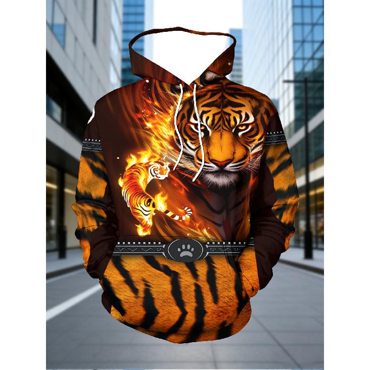 Men'S 3D Print Hoodie Set with Tiger Design, Featuring a Flame Pattern, Casual Sweatshirt with Pockets, Long Sleeve Tracksuit for Autumn And Winter