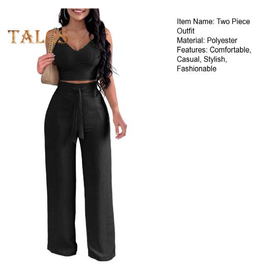 Zweiteiliges Outfit für Damen, V-Ausschnitt, ärmelloses Trägertop, bauchfreies Oberteil mit weitem Bein, Hose, lässige Sommer-Loungekleidung für den Strandurlaub