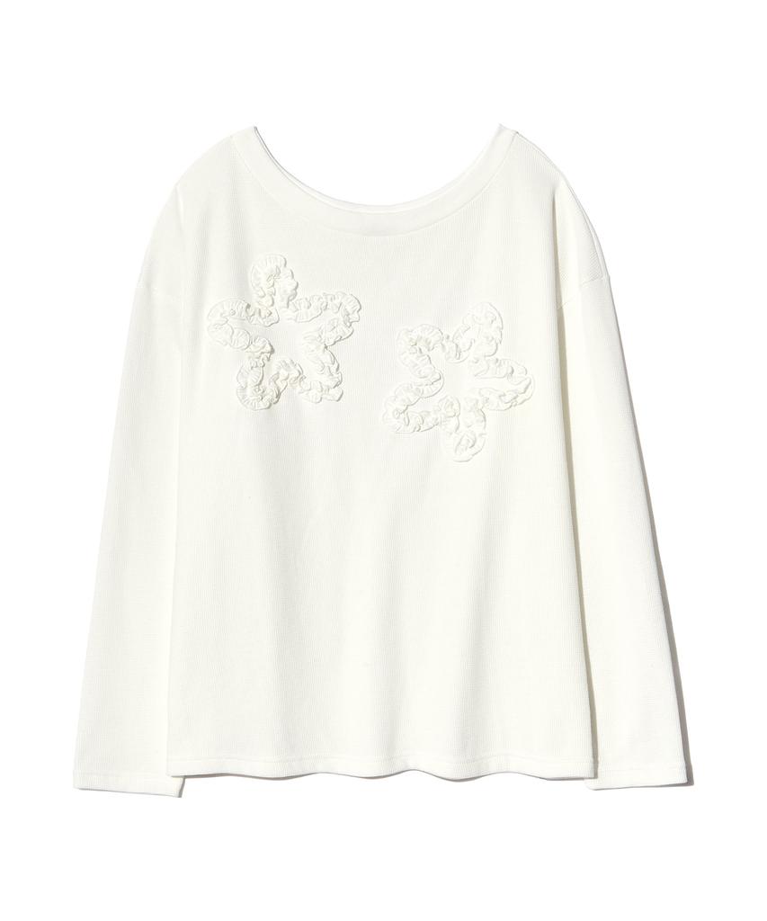 PEACE MAKER Flower Off-Shoulder Waffle Ls (White)