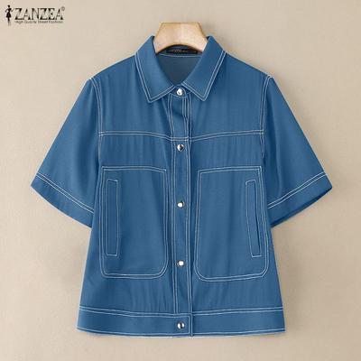 Damen Casual Turn Down Kragen Sommer Kurzarm Bluse