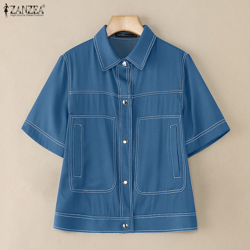 ZANZEA Women Casual Turn Down Collar Summer Short Sleeve Blouse