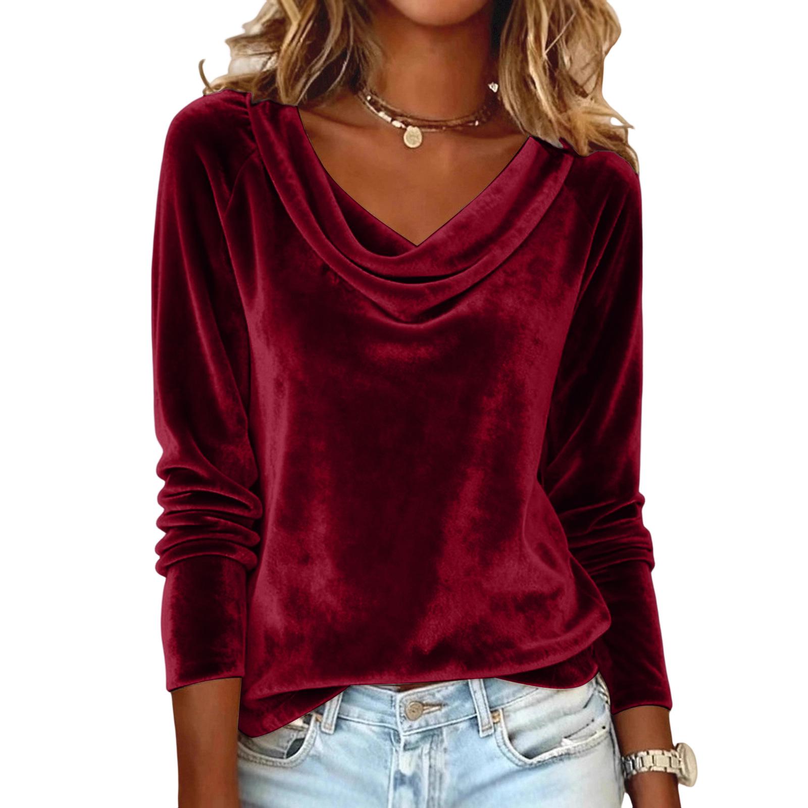 

2025 Draped Neck Long Sleeve Velvet T-Shirt for Women Large вина червоного кольору