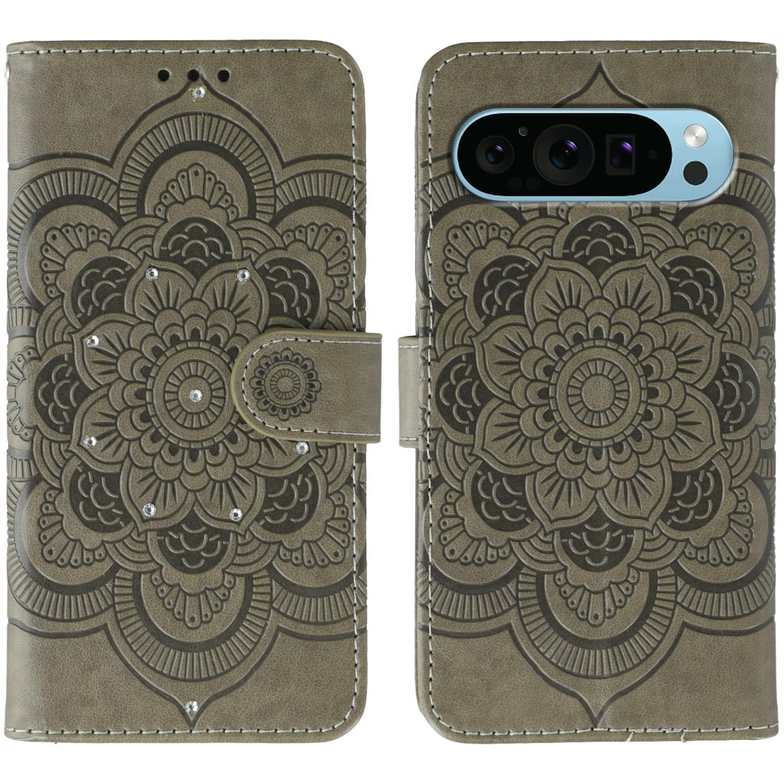 

Phone Case For Google Pixel 10/10 Pro/9/9 Pro,Rhinestone Decor Leather Mandala Imprinted Cover with Wrist Strap Grey