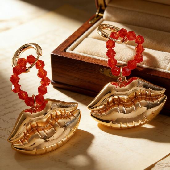 1 Pair Drop Earrings Red Faux Crystal Beaded Ring Three-Dimensional Metallic Lip Shape Leverback Earrings Jewelry Gift