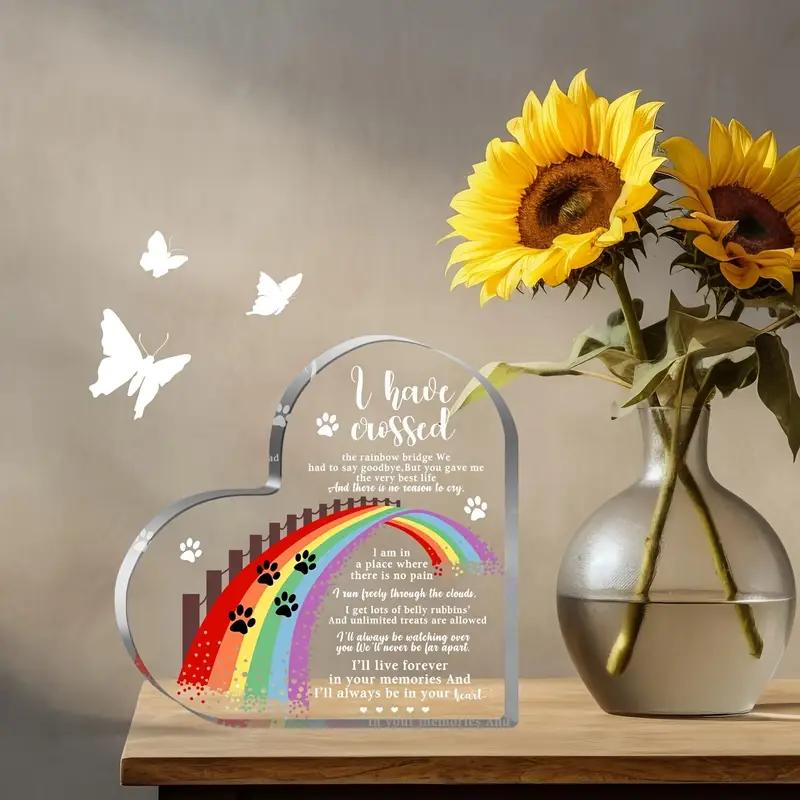 2D Flat Heart-Shaped Acrylic Pet Memorial Gift Desktop Decorative Plaque, Rainbow Bridge Design, Home Decor Plaque Hanging Wall Art Decorative Garden