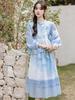Spring & Autumn New Chinese Moon White/Blue Two-Piece Skirt Set for Women