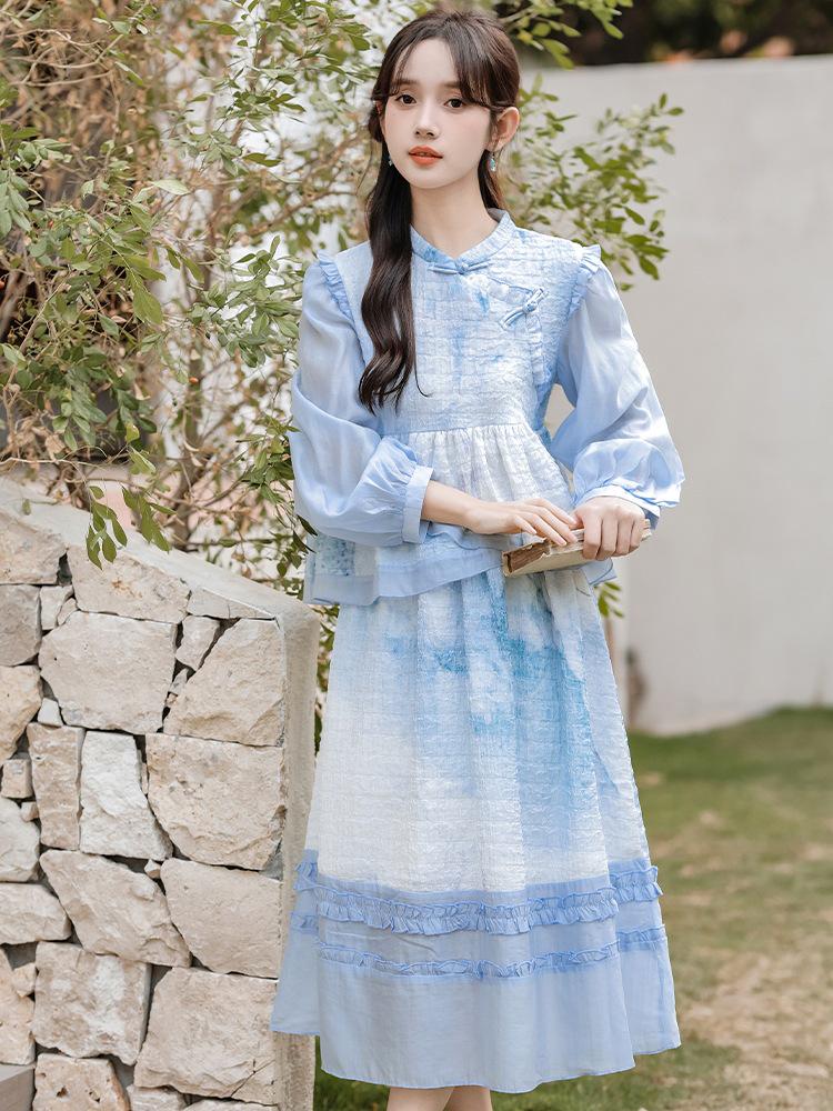 Spring & Autumn New Chinese Moon White/Blue Two-Piece Skirt Set for Women