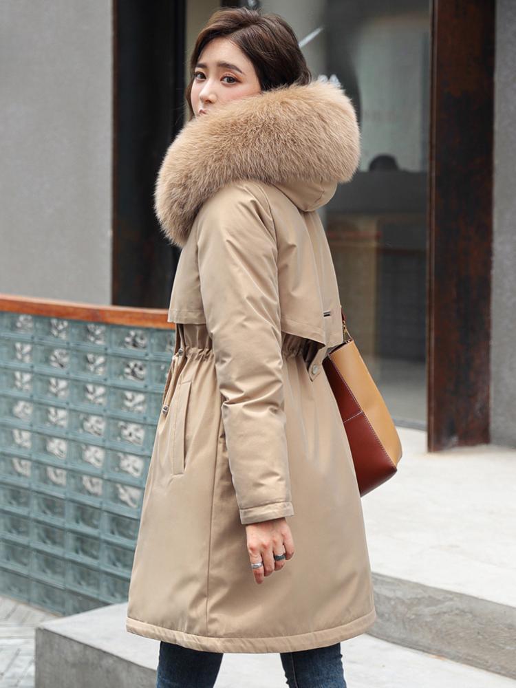 Elegant Women's Mid-Length Parka Jacket - Plus Size,Solid Color, Hooded, Polyester Material, Thickened Winter Coat with Drawstring Detail