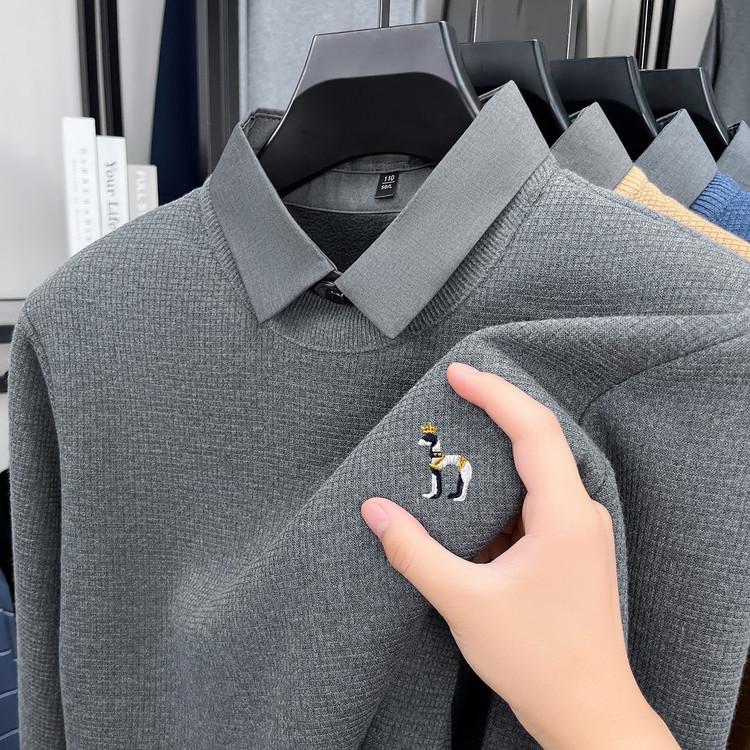 Men s Plus Size Trendy Two-Piece Look Fleece-Lined Woolen Sweater - Casual Autumn Winter Knitwear L