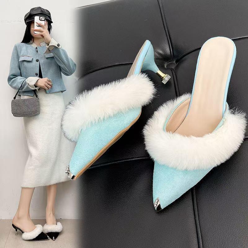 

Туфли Muller на высоком каблуке женские, 2025, новые, универсальные, с острым каблуком, пушистые, модные, женские, с открытым носком 40 озеро синий