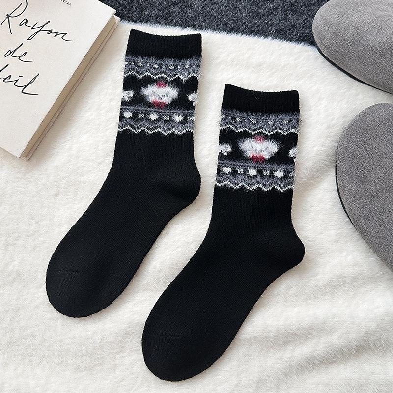 

Носки до середины икры для осени и зимы, толстые и теплые женские носки, милые шерстяные женские носки с мультяшной собачкой и универсальные носки 1 pair чёрный