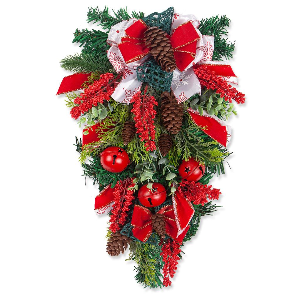 Weihnachtsband Glocken Auf dem Kopf stehender Baum Girlande Türhänger, Weihnachtsschleife Tannenzapfen Rattan Dekorative Wandhänger