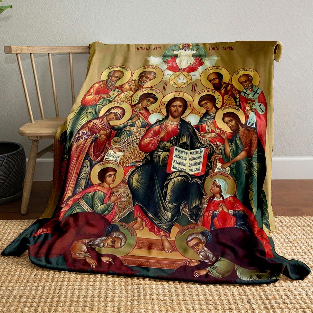 A Central Seated Figure Surrounded by Halos, Angels, and Ornate Designs. for All Seasons Blanket Lunch Break Throw Gift
