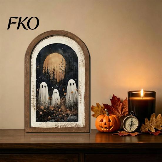 Autumn Fireplace Accent Halloween Ghost Wall Decor, Cute Table Sign, Vintage Arch Framed Shaped Wooden Decor Picture, Decorative Art for Mantel Living