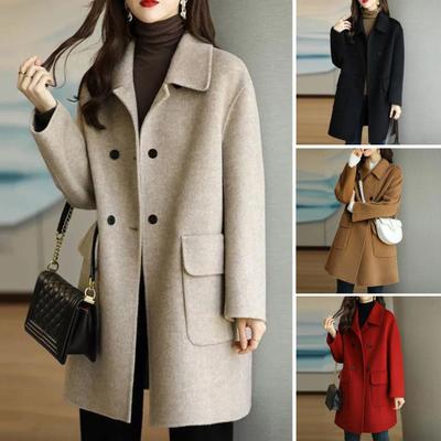 Women Overcoat Solid Color Lapel Collar Mid-Length with Buttons Loose-fitting Keep Warm Polyester Winter Warm Women Double-Breasted Overcoat for Lady